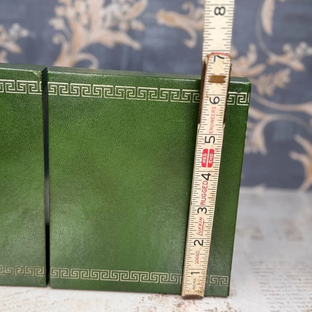 Vintage Green Bookends Faux Leather Greek Key Decor Set of 2